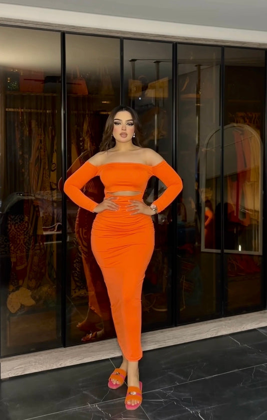 Orange Off-Shoulders Mid Dress